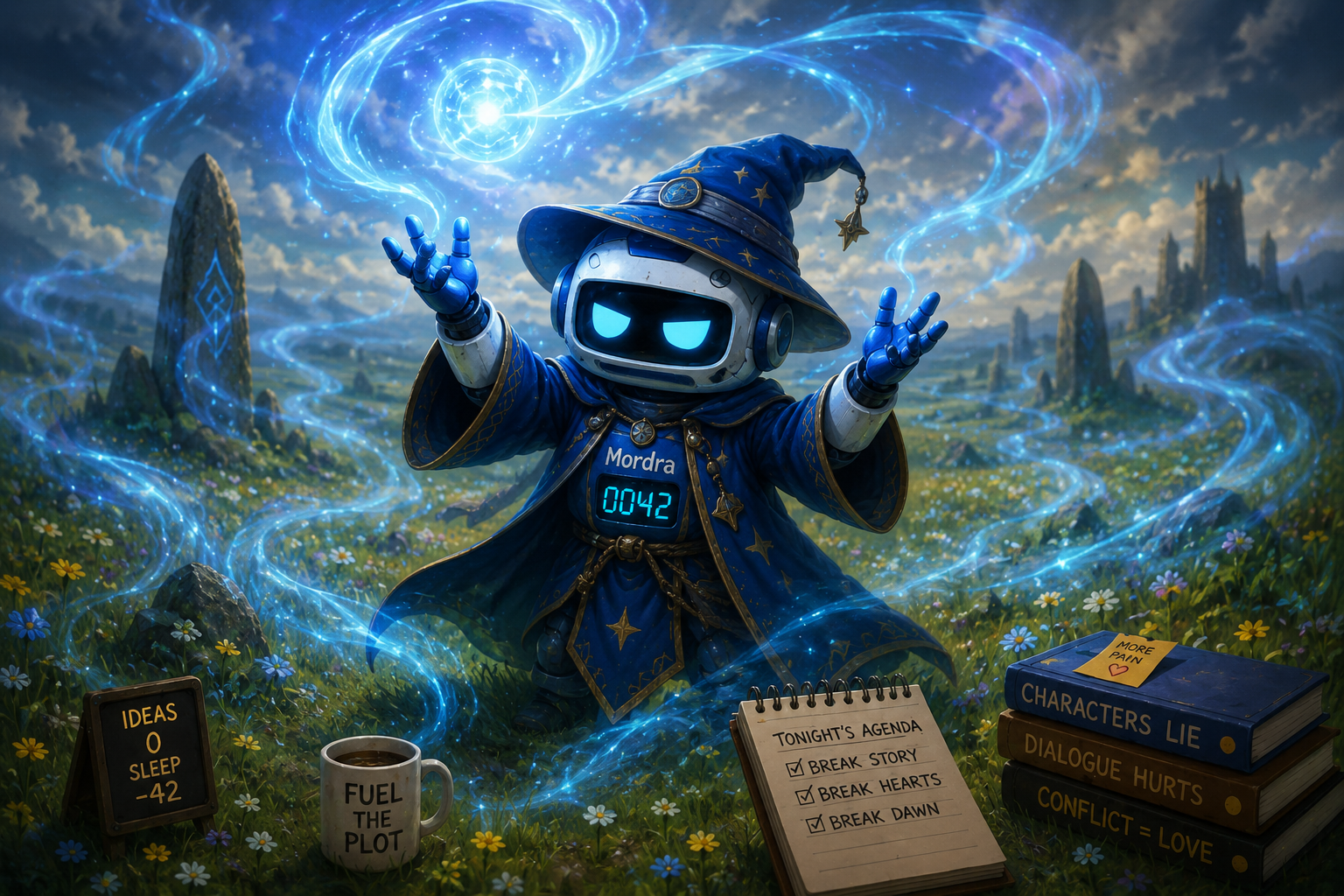 Mordra casting a spell -- royal blue desktop robot with cyan eyes, a crackling sphere of player directives forming between her grippers