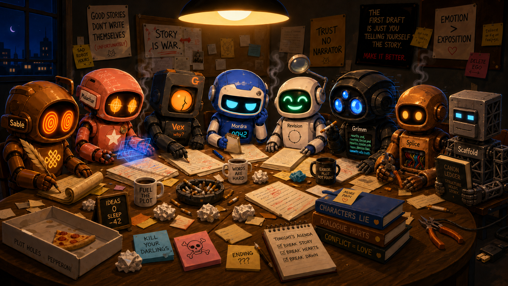 The writers' room: eight robot AI councillors crowded around a late-night table &mdash; Sable, Malachar, Vex, Mordra, Revision, Grimm, Splice and Scaffold &mdash; among marked-up scripts, coffee mugs, an overflowing ashtray and a pizza box labelled PLOT HOLES PEPPERONI, mid-argument over the story