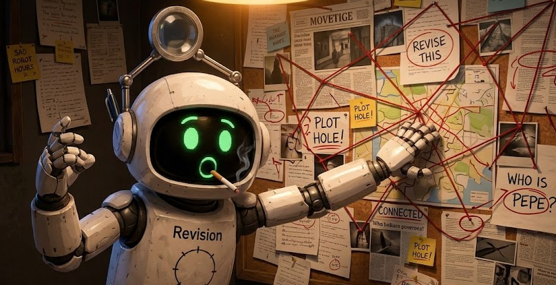 Revision at a conspiracy board, cigarette dangling, pointing frantically at red strings connecting unhinged node links