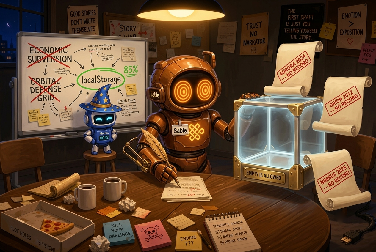 Sable, a bronze robot with glowing orange ring-eyes and a brass quill for one arm, presenting a completely empty glass archive cube labelled EMPTY IS ALLOWED, while three scrolls stamped NO RECORD float away from it. Behind him, Mordra stands at a whiteboard where ECONOMIC SUBVERSION and ORBITAL DEFENSE GRID are crossed out and localStorage is circled.