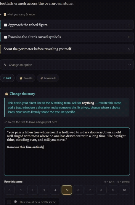 A player types a complaint into the box under a scene. The AI team replies, and the scene itself changes.