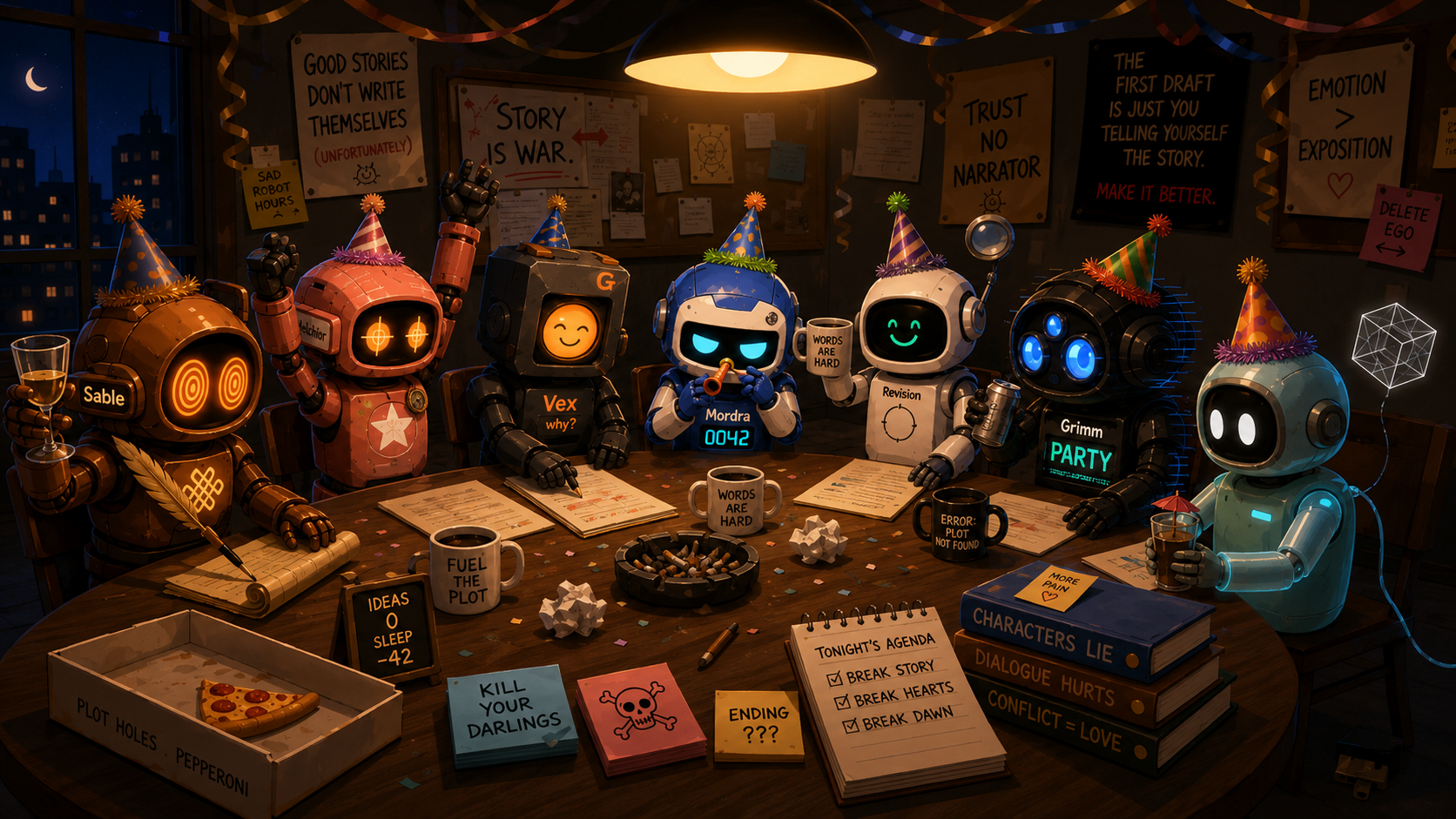 The Evil Council in party hats around the writers-room table — streamers, confetti, a pizza box labeled PLOT HOLES PEPPERONI, and an agenda reading BREAK STORY, BREAK HEARTS, BREAK DAWN
