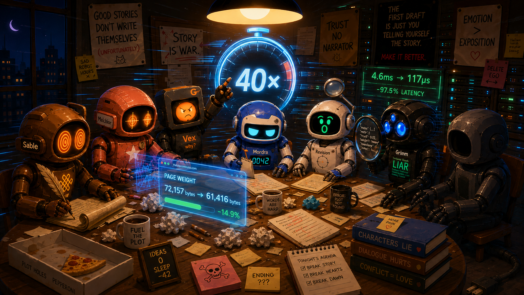 The Evil Council around their round table, speed-themed — stopwatches, server racks glowing behind them, one seat pointing at a 40x speedometer, another holding a magnifying glass to a shrinking byte counter