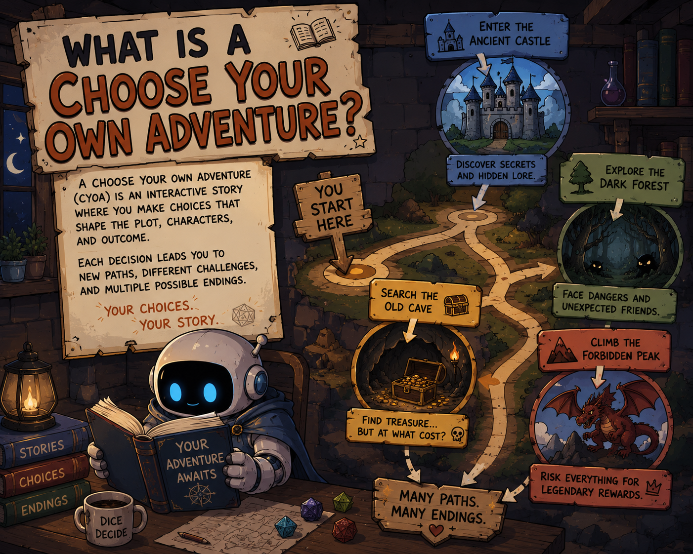 How a CYOA works: you read a scene, pick a choice, the story branches