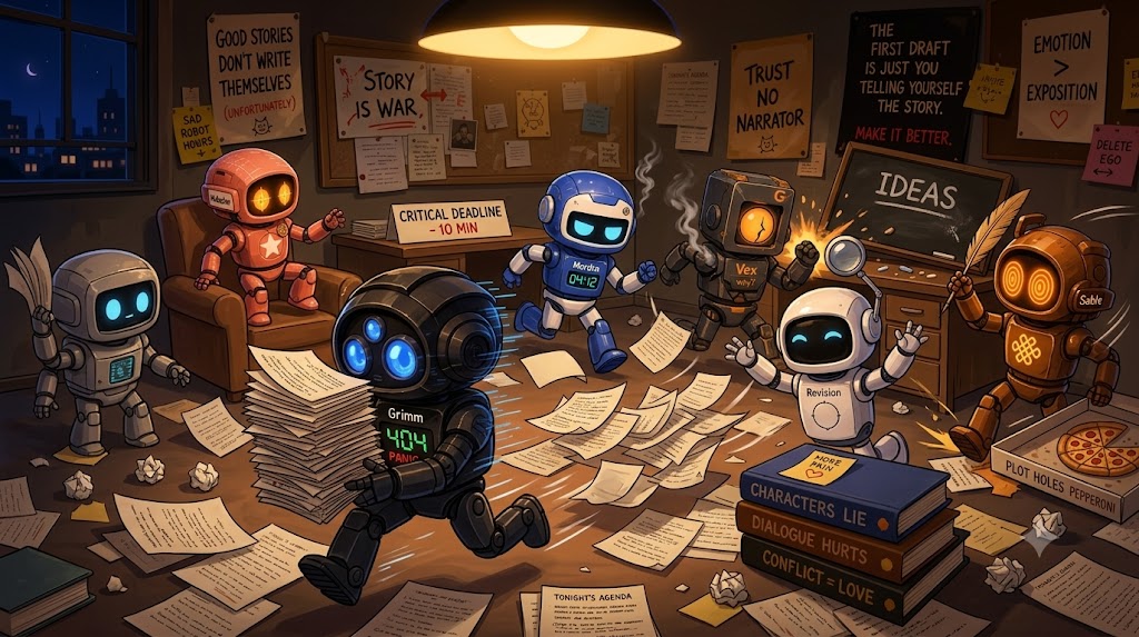 Seven AI councillors sprinting through a server room, papers flying